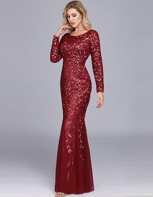 Elegant Plus Size O Neck Full Sleeve Evening Dress